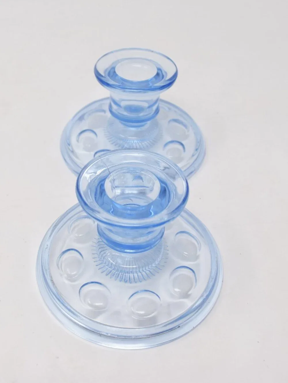 2 Imperial Ice Blue Old English Candlestick Holders Glass Thumbprint Olive Dots